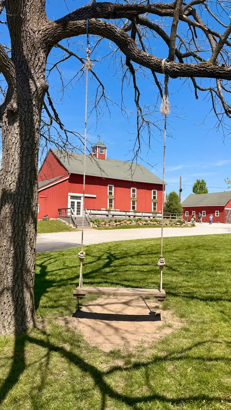Rope tree swing in the foreground framing the red barn at Ash & Oak wedding venue in Avon, Indiana on a sunny spring day