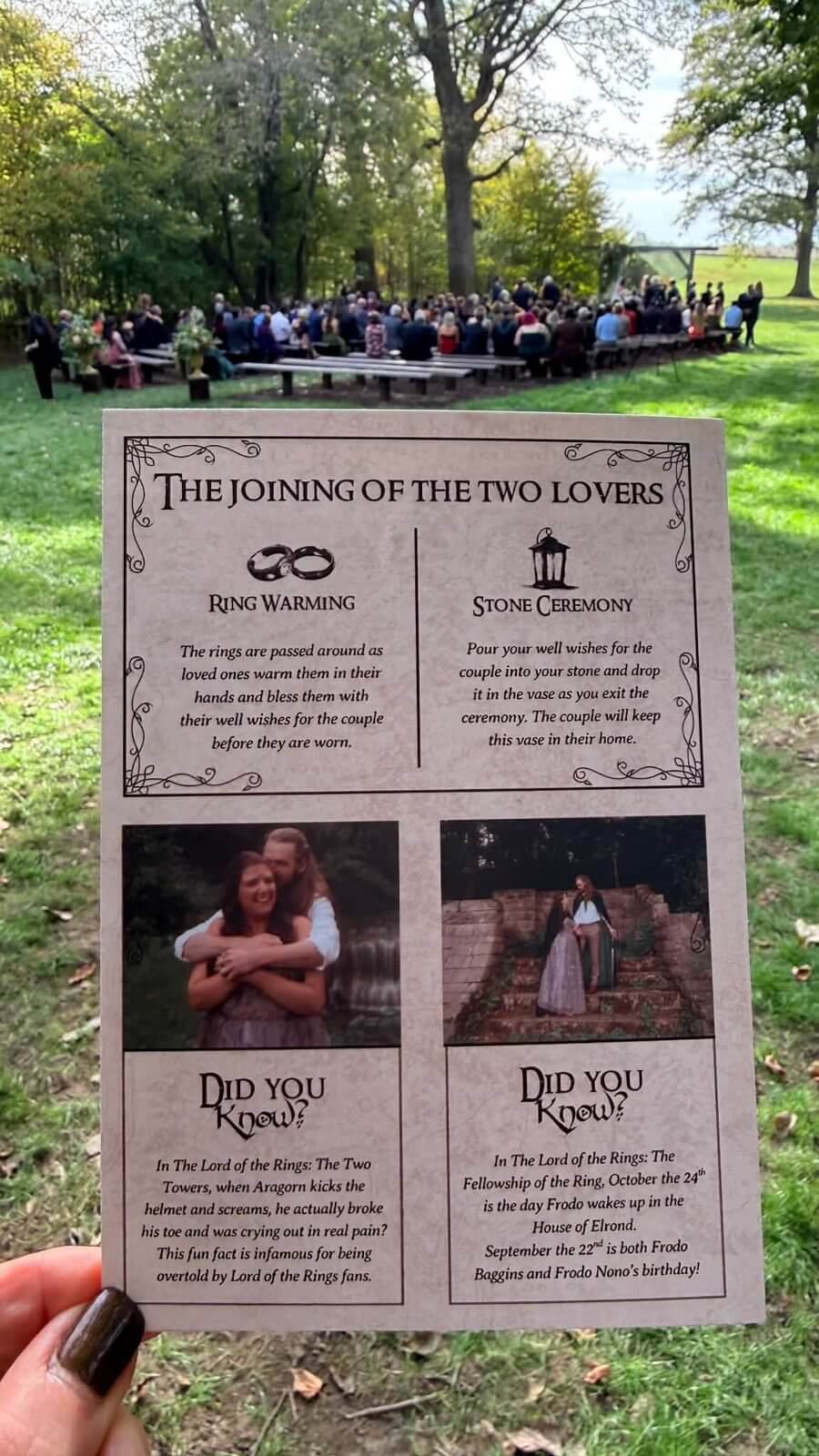 Ring warming and stone ceremony program card at a wedding at The Sixpence