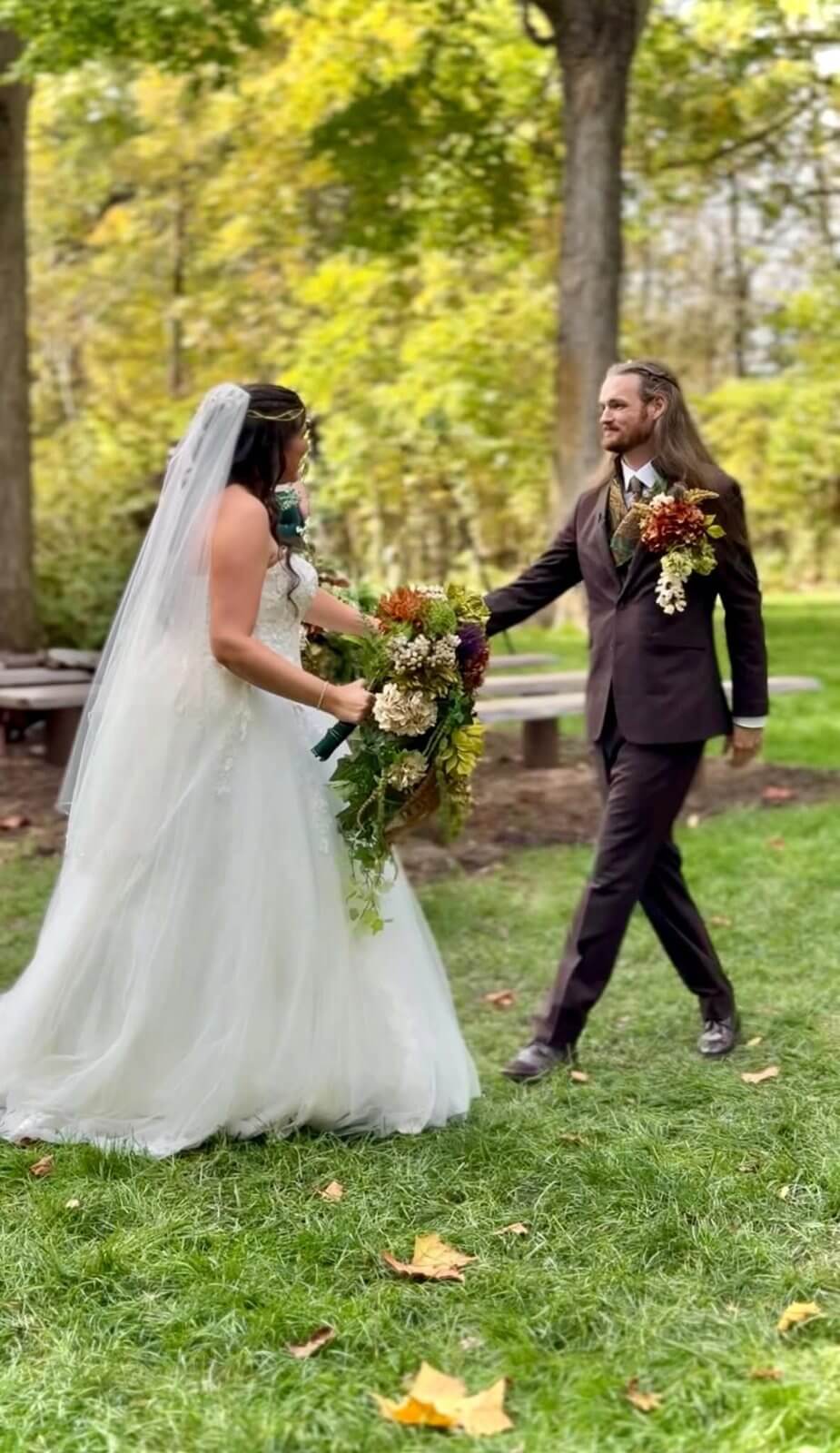 Bride and groom first look in the woods at The Sixpence wedding venue
