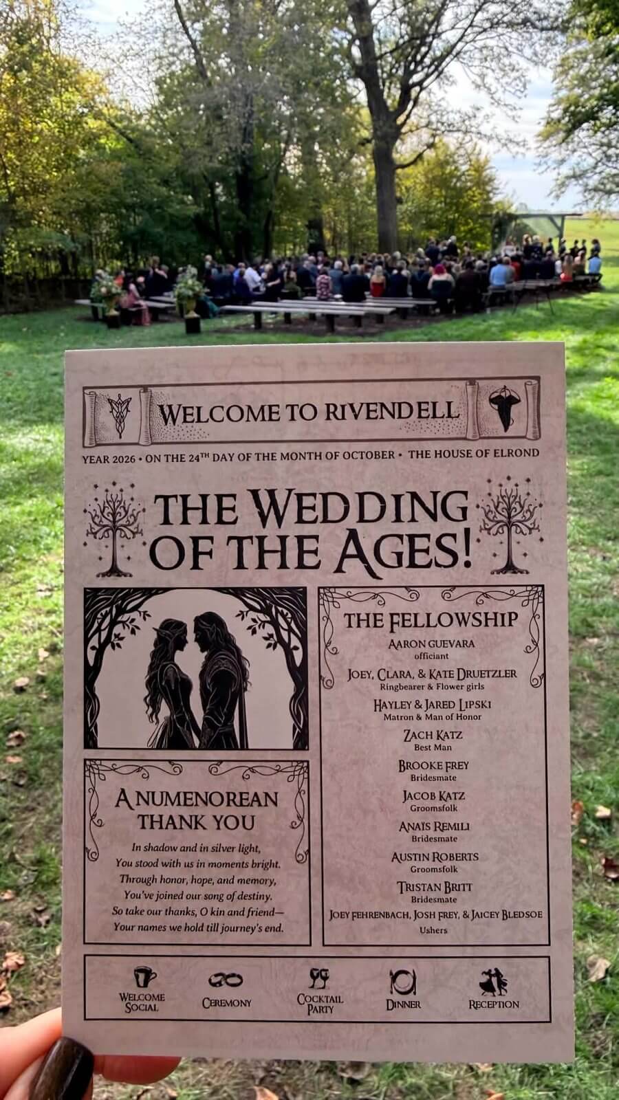 Fantasy themed wedding program at an outdoor ceremony at The Sixpence