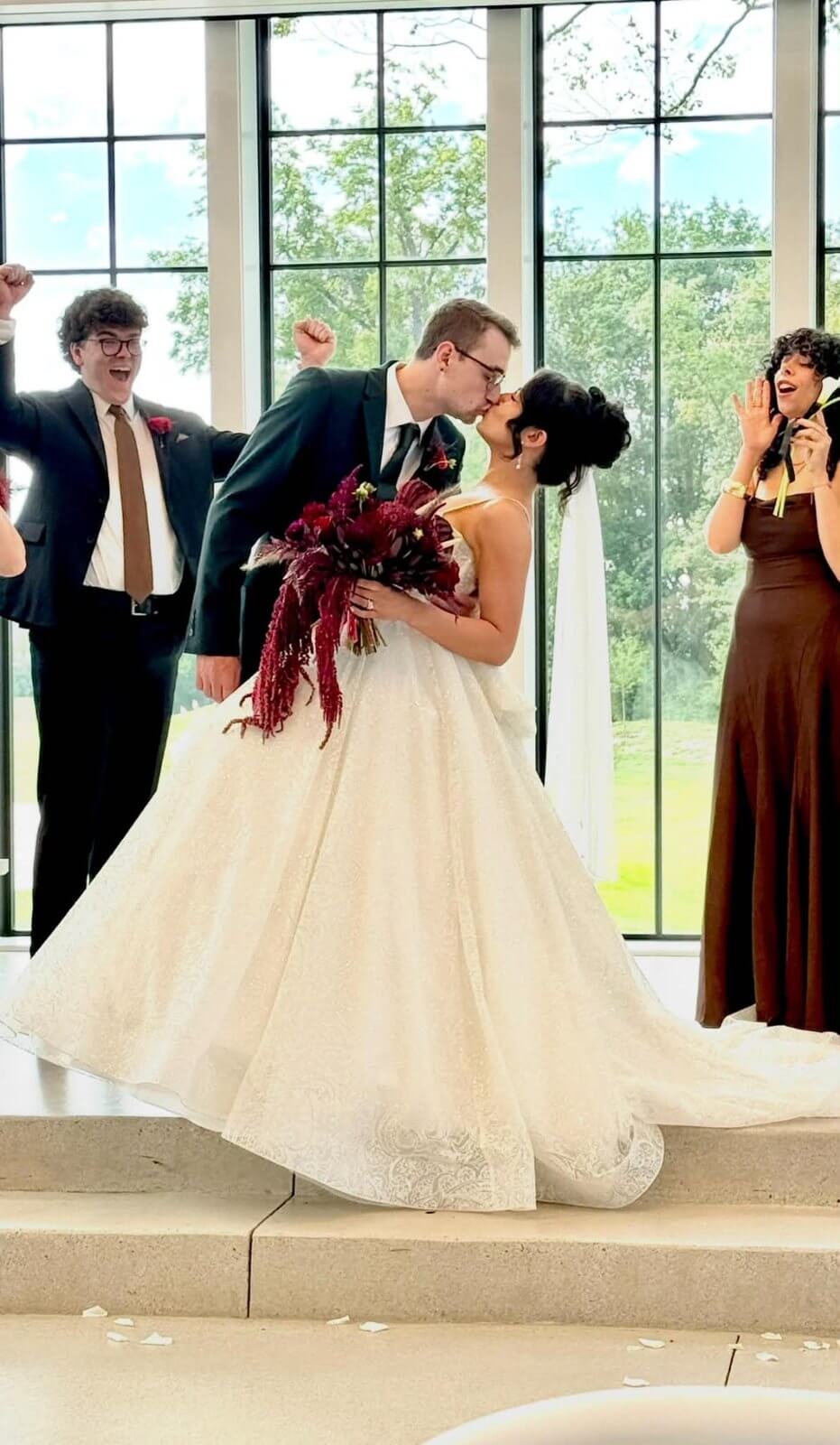 First kiss at a wedding ceremony in the Vowery at Westwood in Westfield